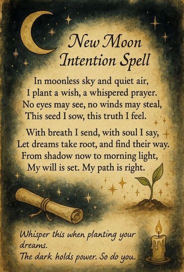 A mystical New Moon Intention Spell with poetic lines and symbolic illustrations of a crescent moon, stars, a seedling, a scroll, and a candle.