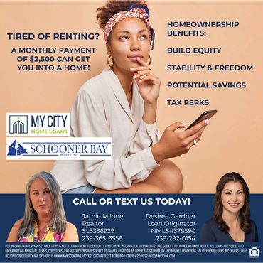 Social Media Post of a women thinking with info on homeownership and contact info.