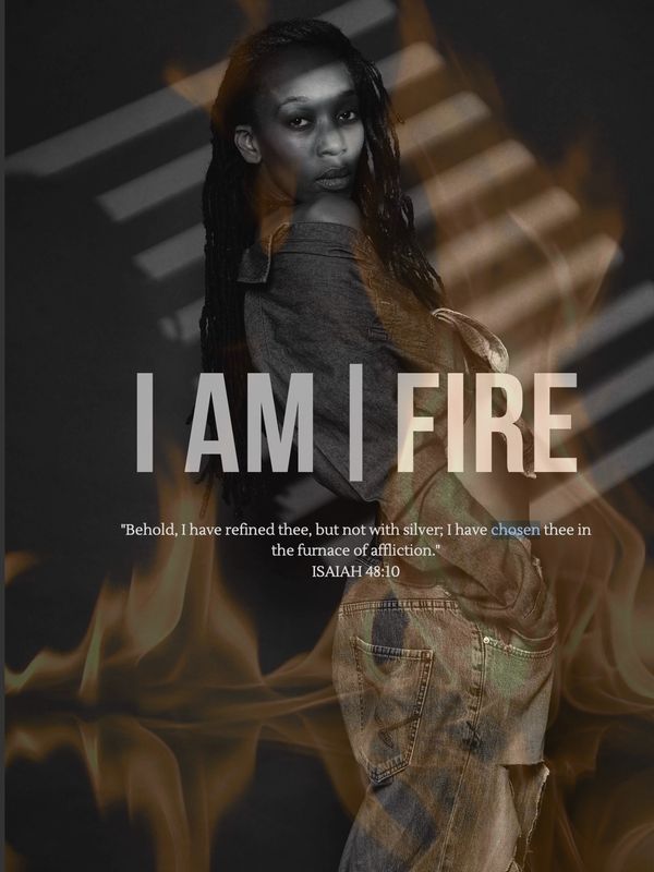 A confident woman with text: I AM I FIRE and a biblical quote from Isaiah 48:10.