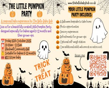 Flyer for The Little Pumpkin Party, a baby event with Halloween themes.