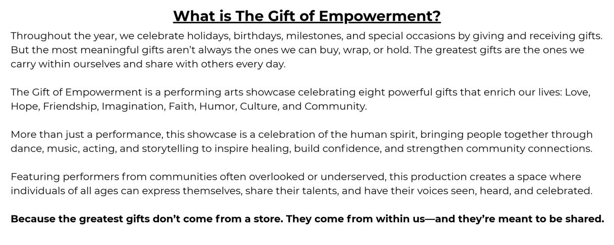 Description of The Gift of Empowerment performing arts showcase.