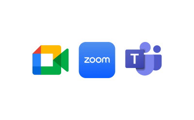 Logos of Google Meet, Zoom, and Microsoft Teams.