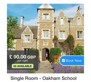 Historic Oakham School single room available for £90 per night.