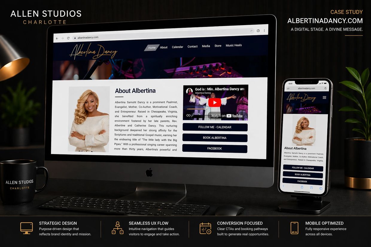 Responsive website design for Albertina Dancy shown on desktop and mobile devices.