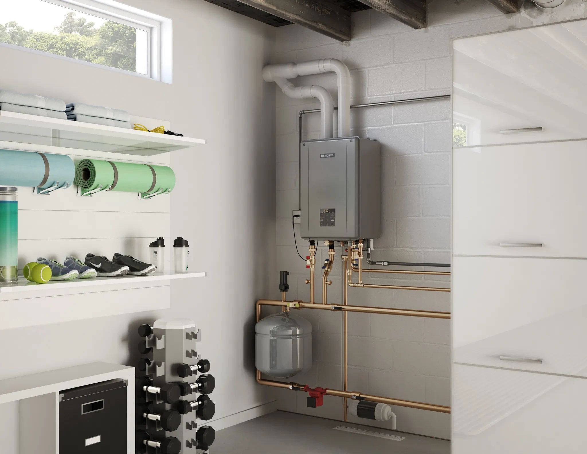 Modern utility room with a tankless water heater and organized fitness gear.
