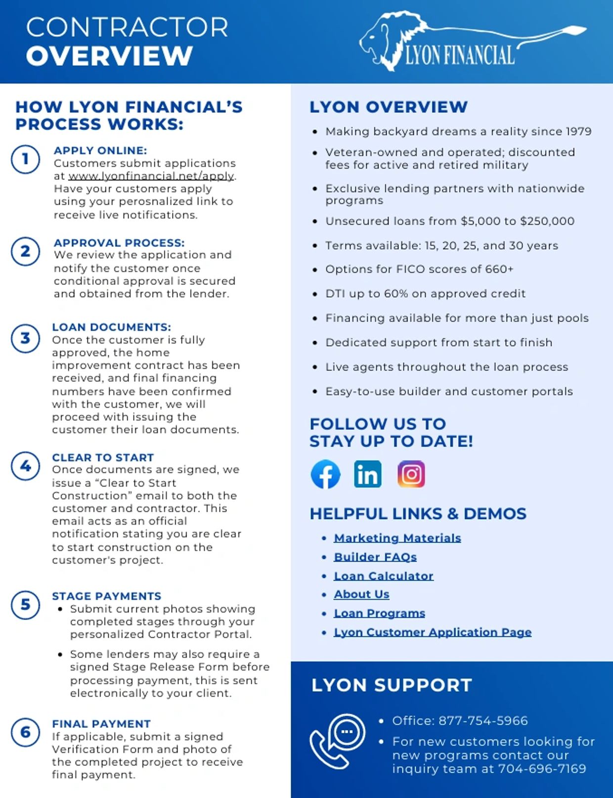 Lyon Financial contractor overview with process steps, company info, helpful links, and support contacts.