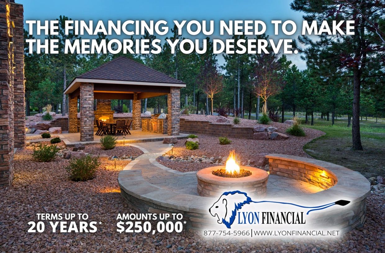 Outdoor fire pit and pavilion with financing offer from Lyon Financial.
