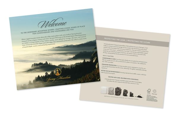 A welcome brochure from Spring Mountain Winery with scenic vineyard photo and sustainability info.
