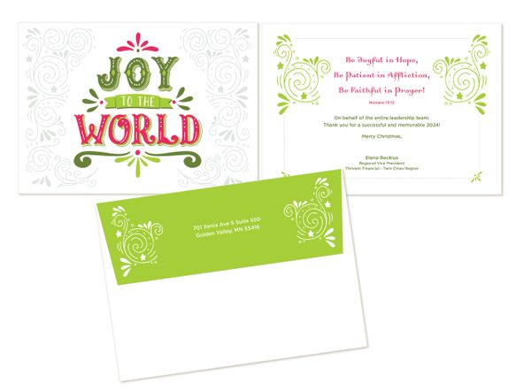 Festive Christmas card and envelope with joyful holiday messages and decorative designs.