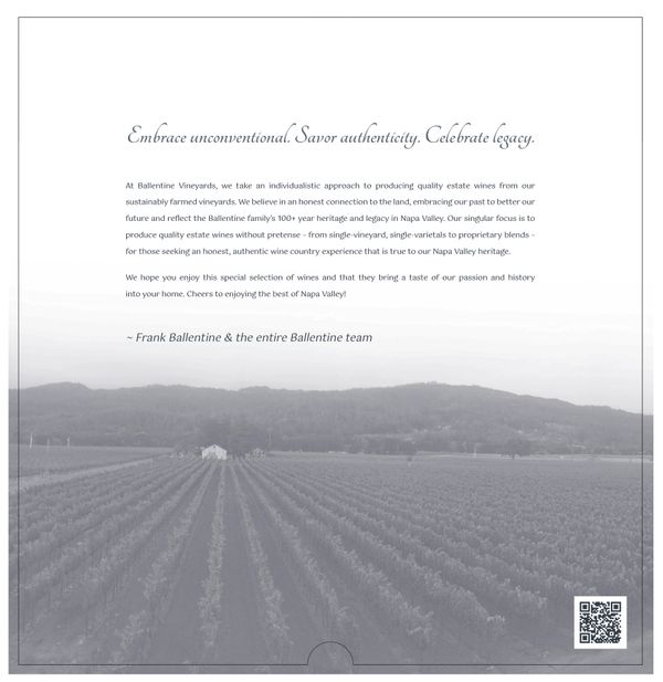 A letter from Ballentine Vineyards about their authentic Napa Valley wines.