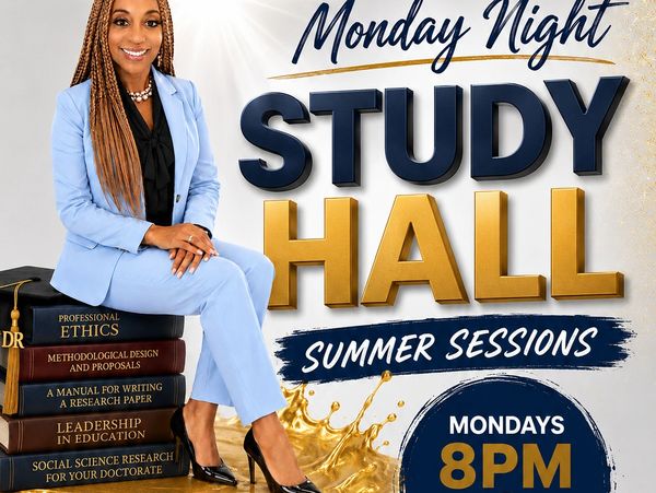 Woman in blue suit promotes Monday Night Study Hall summer sessions.