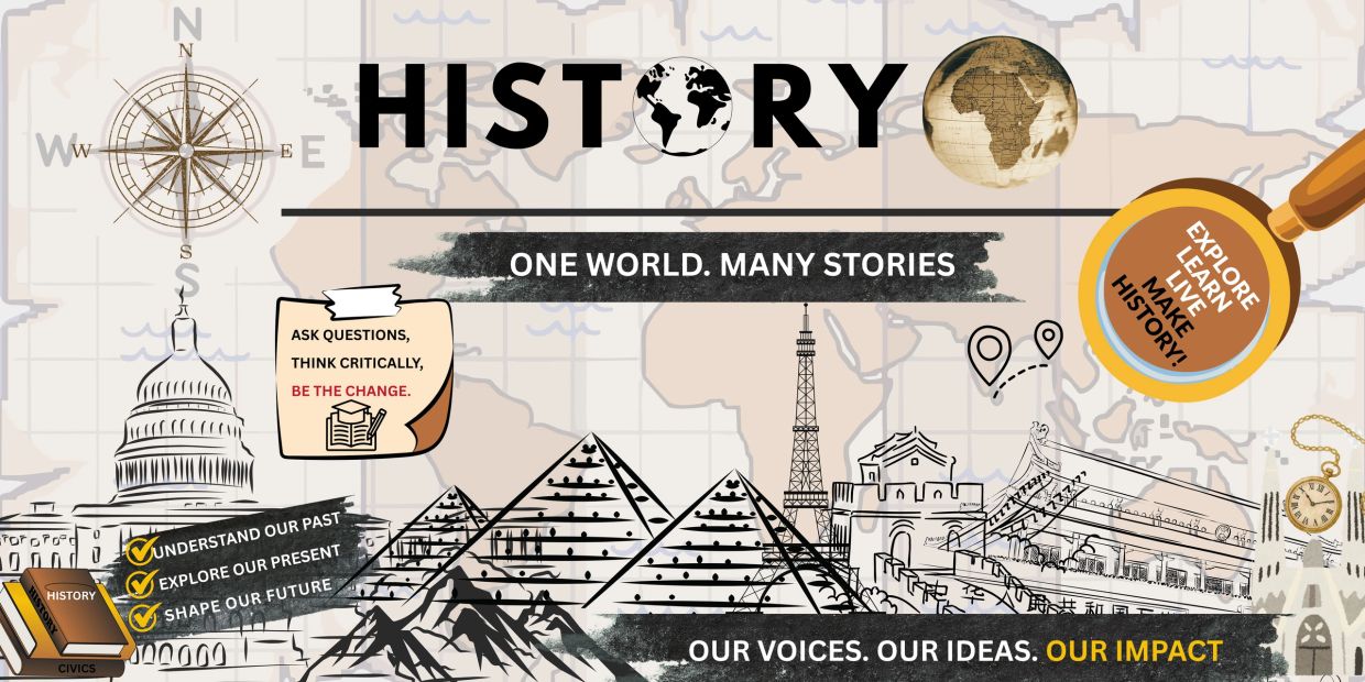 History-themed poster with global landmarks and motivational messages.