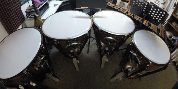 Ludwig fiberglass timpani with tuning gauges.  Sizes 32, 29, 26, and 23.