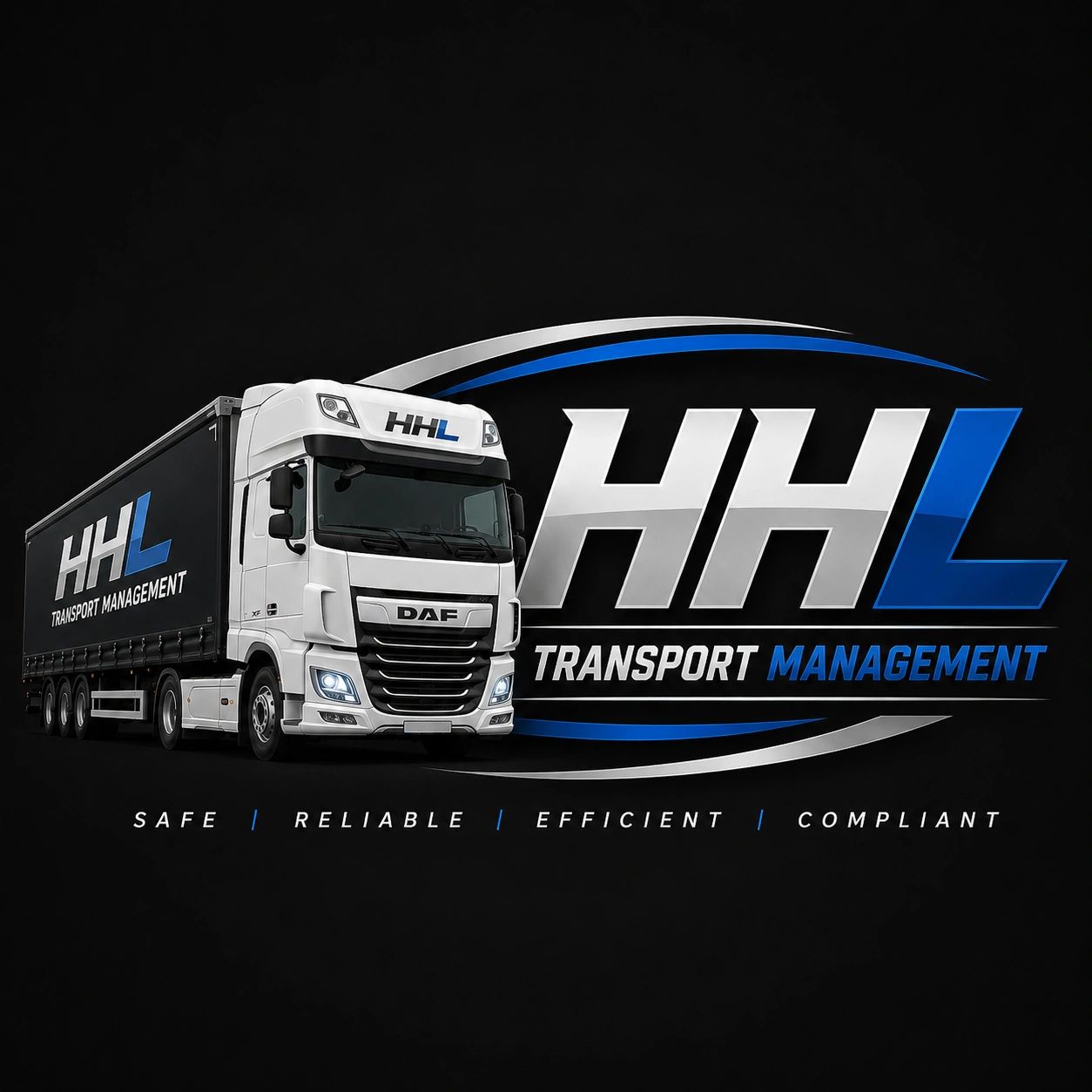White DAF truck with HHL Transport Management logo on a black background.
