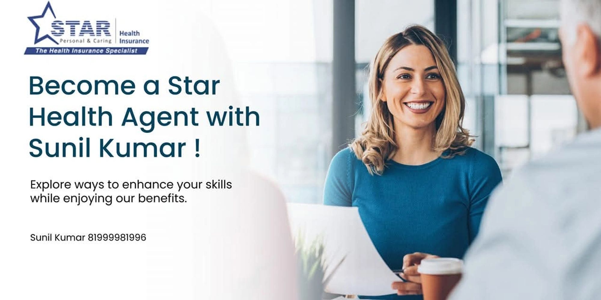 Smiling woman discussing health insurance with clients in an office.