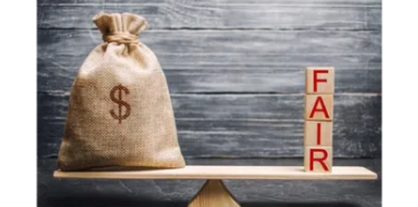 Bag of money on scale next to the word Fair for core value: Fairness