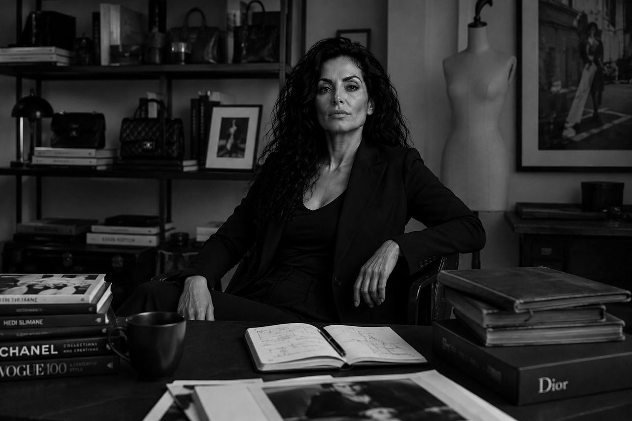 Editorial portrait of M., founder of Worn In Worn Out in a fashion archive and creative workspace