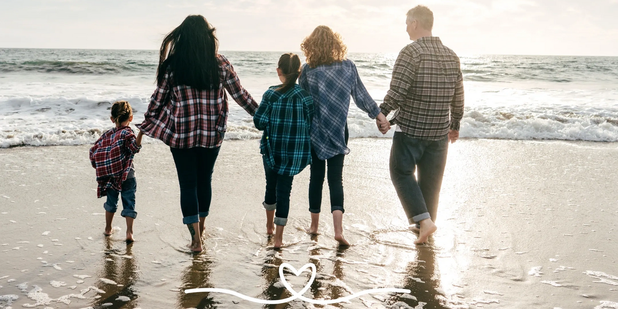 Happy  positive family walking on the beach