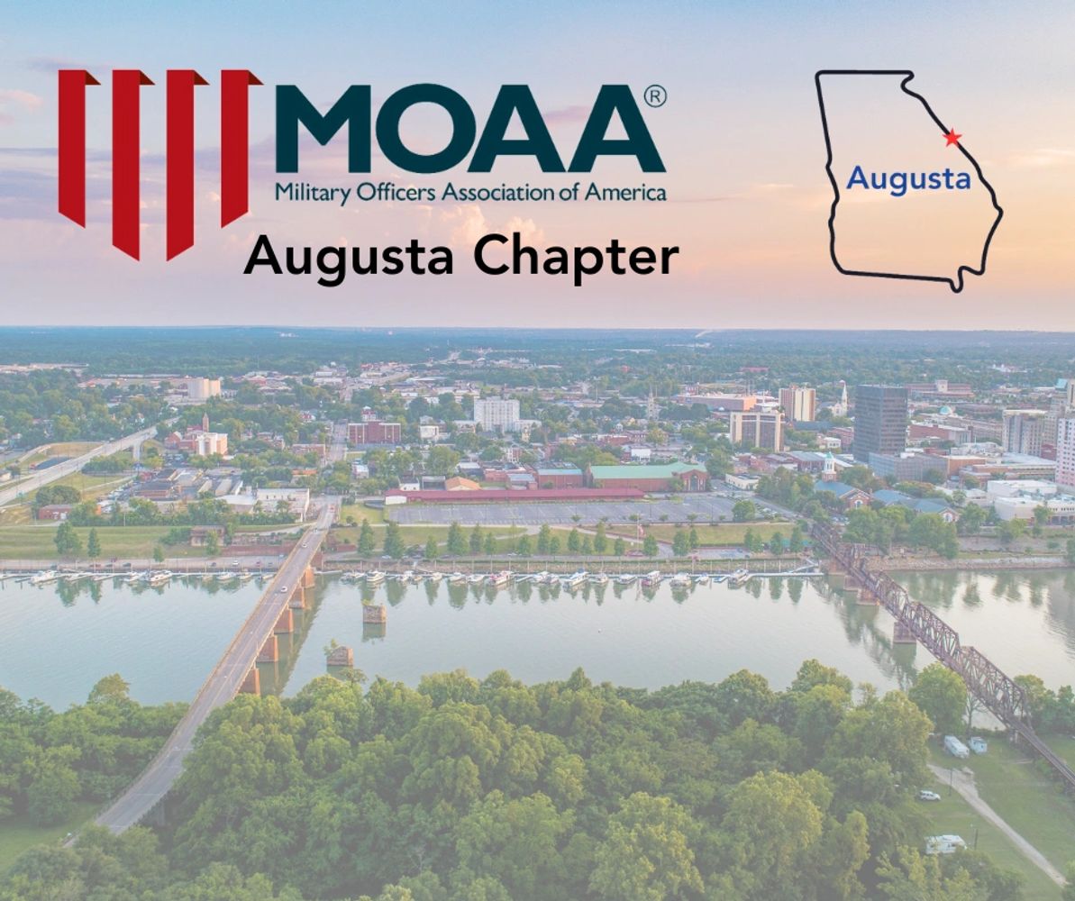 MOAA Augusta Chapter logo over a cityscape of Augusta, Georgia with river and bridges.