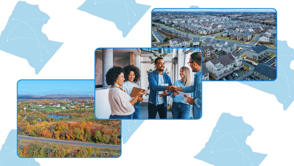 Collage of suburban neighborhoods (One Loudoun and Wright Farms Estates) and a diverse group shaking