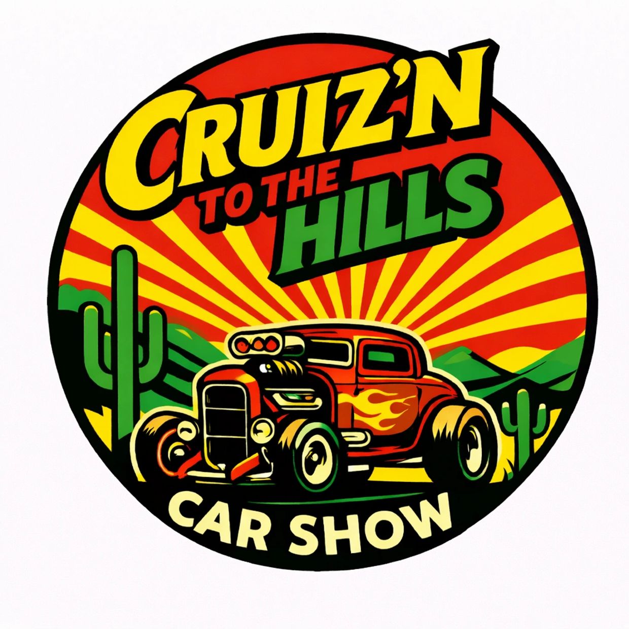 Vintage hot rod car with desert and sunset background for a car show.