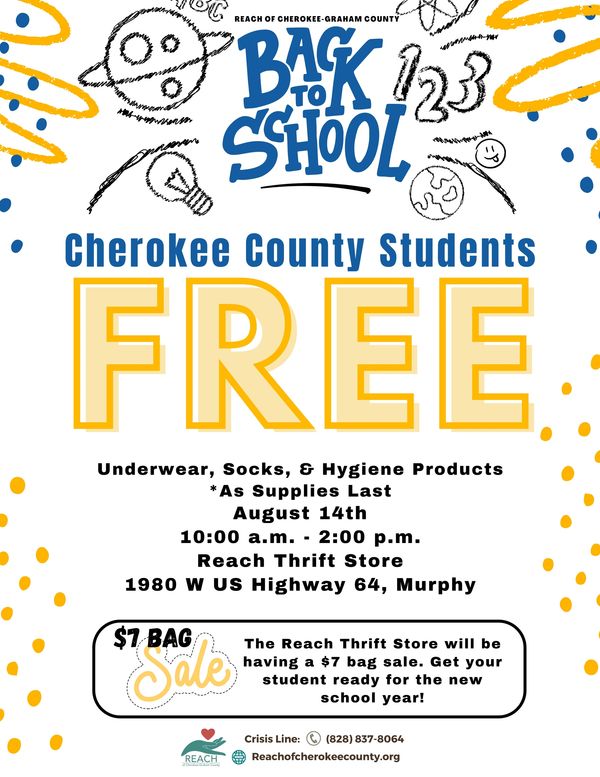 Flyer offering free underwear, socks, and hygiene products for Cherokee County students.