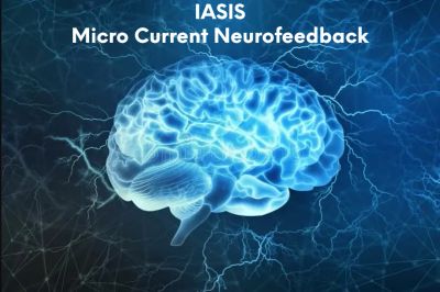 Digital image of brain activity with IASIS Micro Current Neurofeedback text.