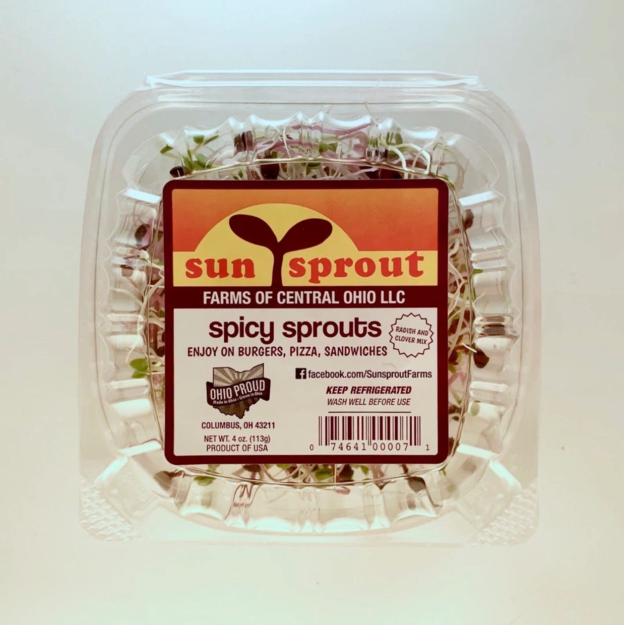 Container of Sun Sprout spicy sprouts from Ohio.