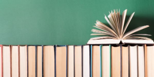 Books lined up with one open book on top.