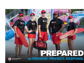 Group of five lifeguards in red and black gear posing confidently at a water park.