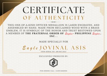 Certificate of authenticity for an Eagle medallion.