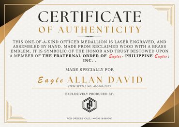 Certificate of authenticity for a laser engraved officer medallion.