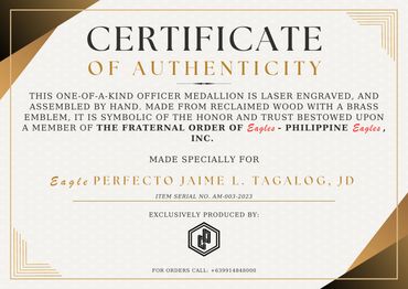Certificate of authenticity for a hand-assembled medallion.