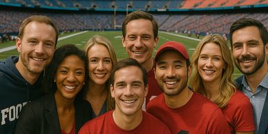 Group of friends smiling together on a football field in a stadium.