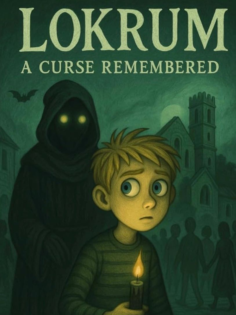 A frightened boy holding a candle with a shadowy figure behind him under the title 'Lokrum: A Curse Remembered'.