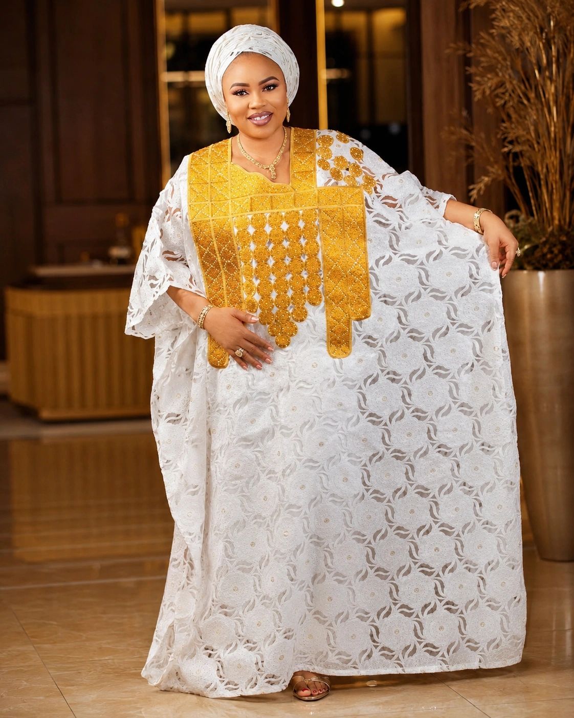 Off White Gold Embroidered African Boubou Dress, African Wedding Guest Dress, Nigerian Aso Ebi Kaftan, Scarf