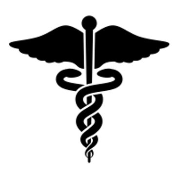 Black caduceus medical symbol with two snakes and wings.