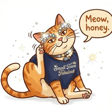 A glamorous cat wearing a shirt and jewels saying 'Meow, honey.'