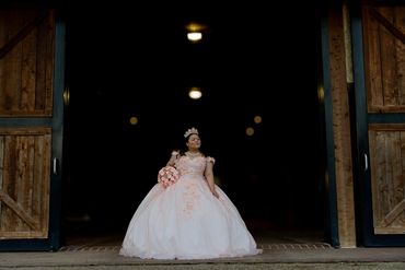 A young woman in a pink gown and tiara stands in a doorway.