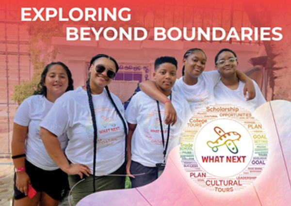 A group of five teenagers posing together under the title, "EXPLORING BEYOND BOUNDARIES."