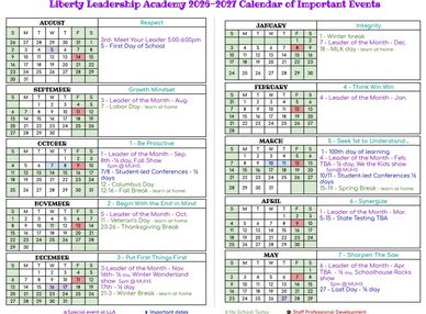 Liberty Leadership Academy 2026-2027 important events calendar.
