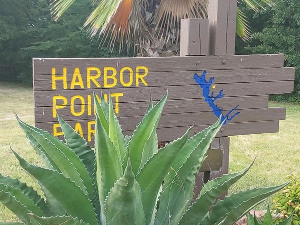 Wooden sign for Harbor Point Park partially obscured by large green plant.