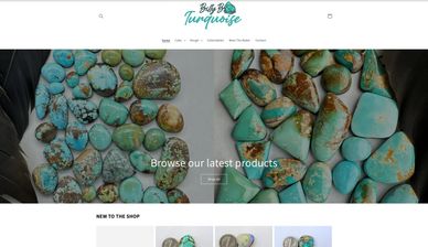 Website homepage showcasing turquoise stones and jewelry for sale.