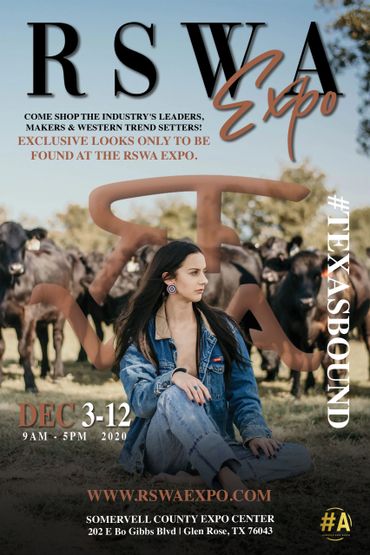 Woman in denim at RSWA Expo with cattle and large branding symbol behind her.