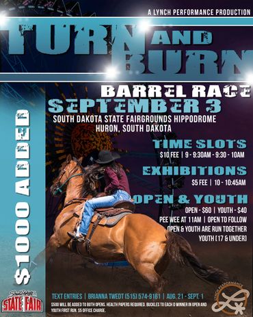 Poster for Turn and Burn Barrel Race event at South Dakota State Fair.