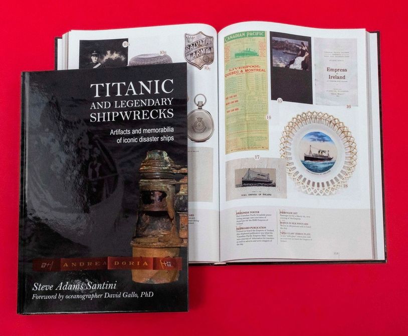 Book about Titanic and legendary shipwrecks with artifacts and memorabilia.