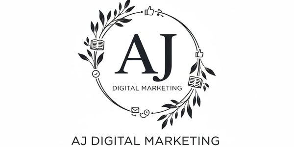 Logo for AJ Digital Marketing with floral and digital icons in a circular design.