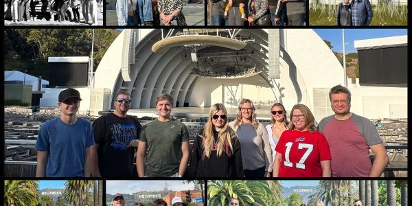 Collage of group photos at iconic Los Angeles landmarks like Hollywood and Beverly Hills.