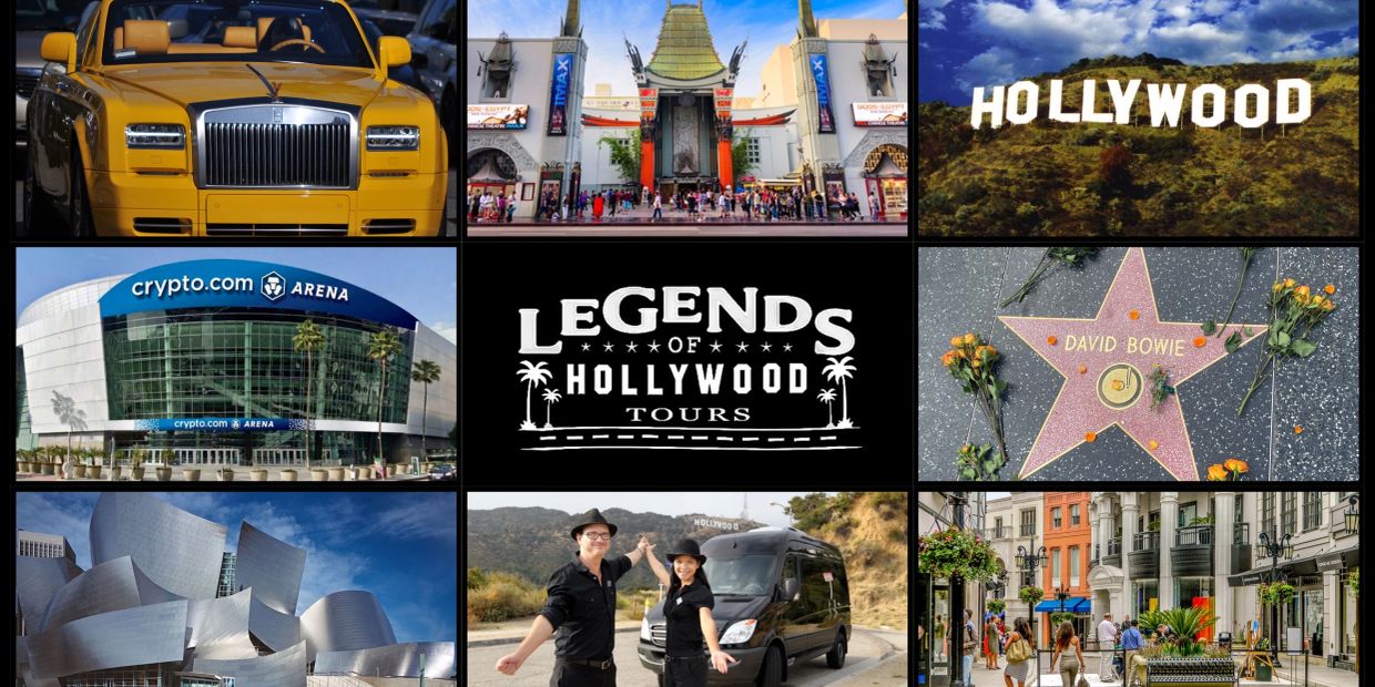 Collage showcasing Hollywood landmarks, luxury cars, famous stars' walk of fame, and guided tours.