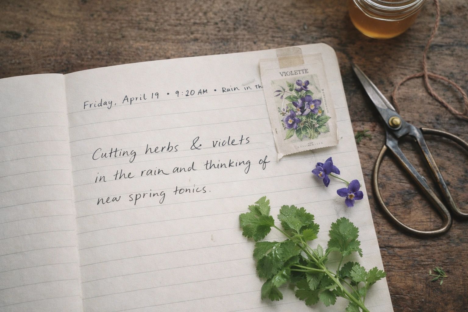 Open journal with notes, vintage violet stamp, scissors and twine.